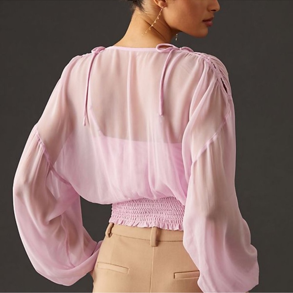 Anthropologie Pale Lilac Sheer Peasant Blouse with Smocked Waist - Picture 2 of 14